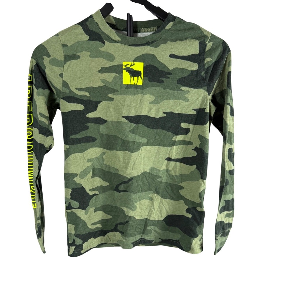 Abercrombie Kids Boys Camo Long Sleeve Shirt Neon Yellow Moose Graphic Size 11/1